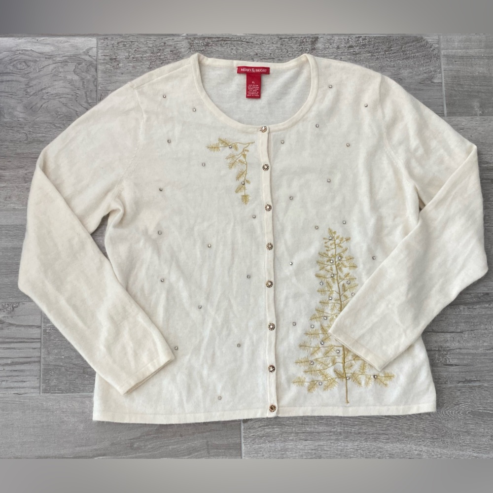 Merry & Bright knit cardigan off white Light Embellished sweater Top size XL